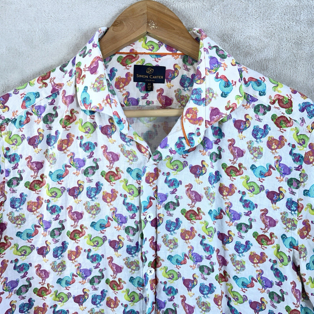 Simon Carter London 100% Linen Dodo Print Shirt Size 42 Slim Fit Maximalism